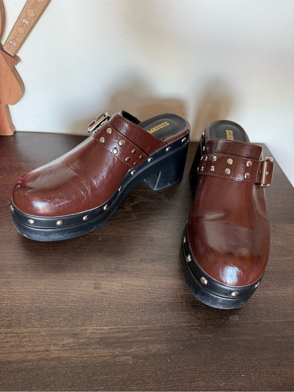 Brown Leather Studded Clog Mules with Buckle